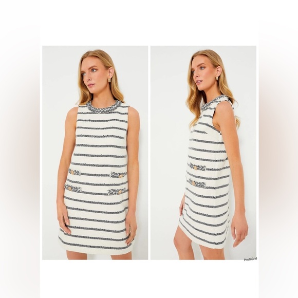 Tuckernuck Dresses & Skirts - Tuckernuck Jackie Tweed Shift Dress M NWT Navy Stripe Bouclé Classic Sleeveless